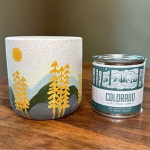 NWOT  - Painted Ceramic Candle Holder with Colorado Blue Spruce Soy Candle